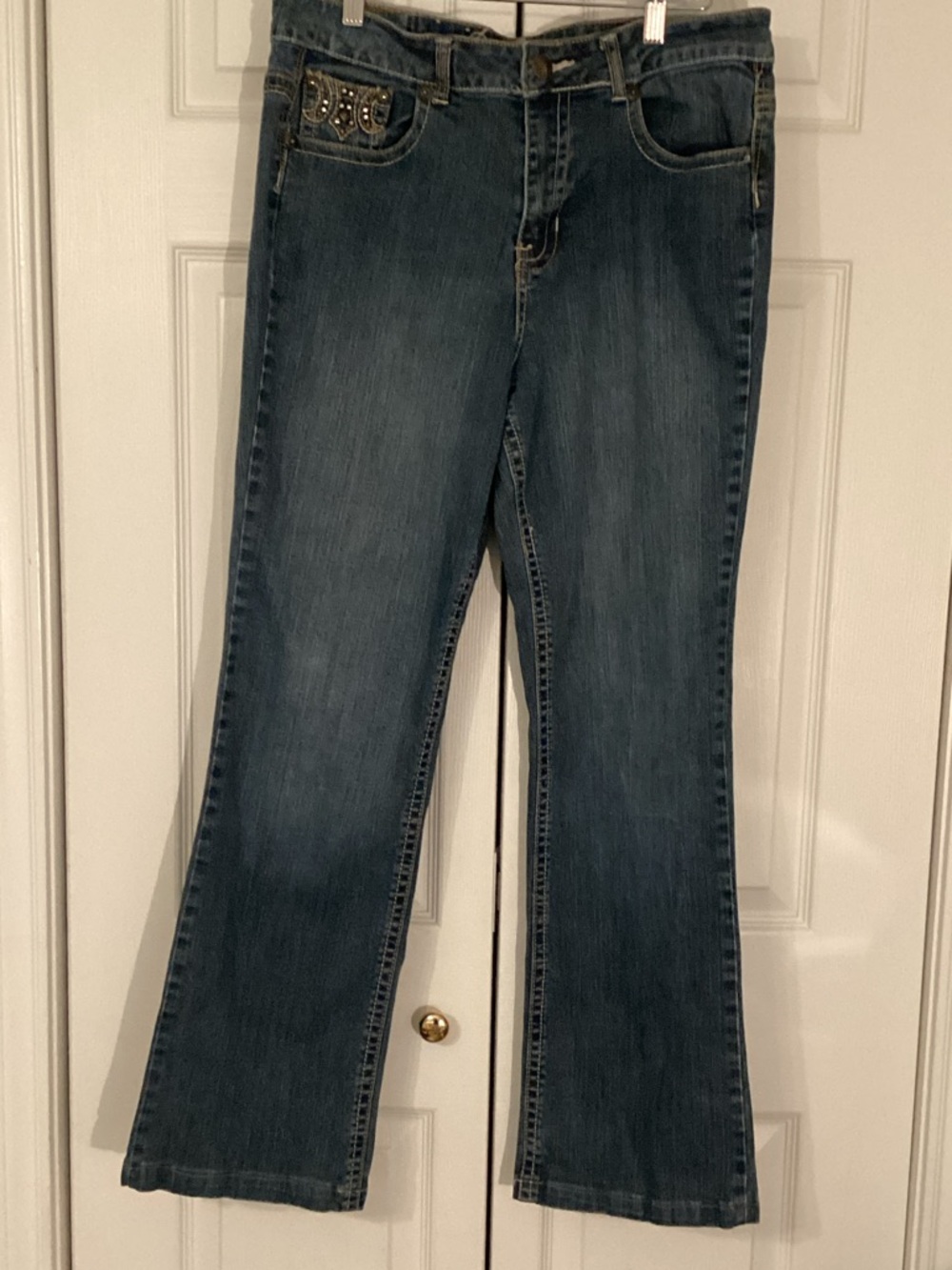 Royal Premium Women's Dark Wash Flare Jeans with Embellished Pockets Size 12